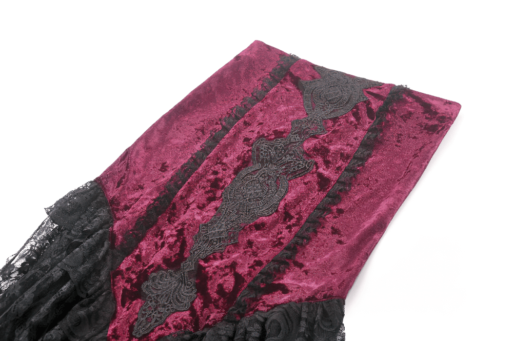 Gothic lace high-low skirt featuring burgundy crushed velvet and intricate black lace details.