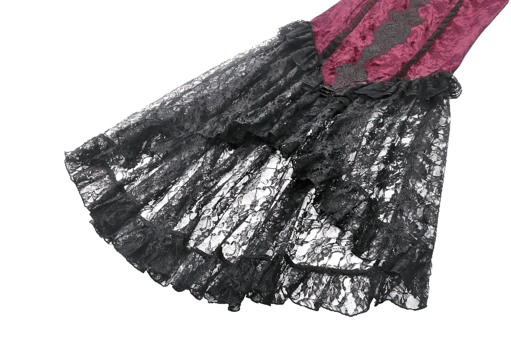 Gothic lace high-low skirt with velvet brocade front, featuring black lace layers and ruffled hem.