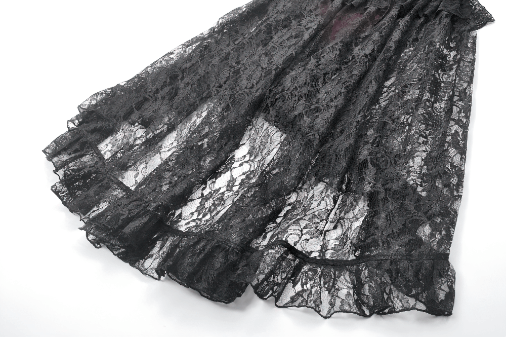 Black lace layers of a Gothic high-low skirt, featuring intricate patterns and a ruffled hem for dramatic flair.