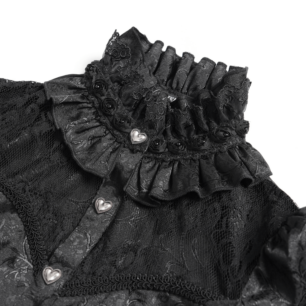 Gothic lace high neck blouse with heart buttons and ruffled collar, showcasing dark elegance.
