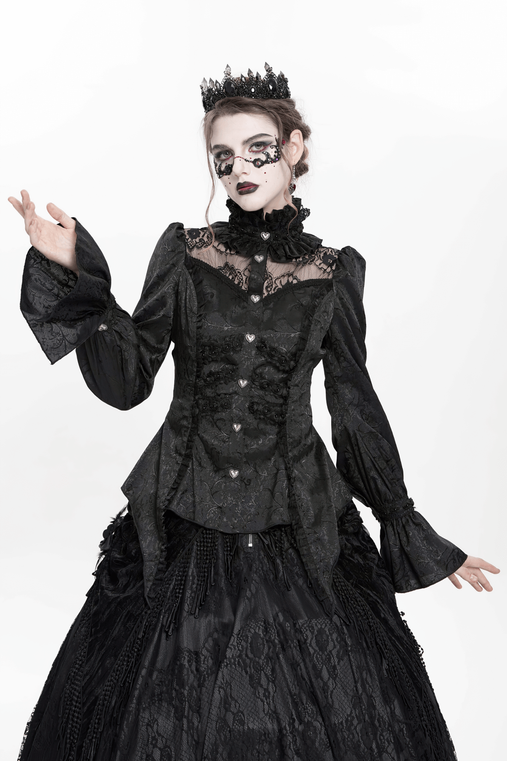 Gothic lace high neck blouse with heart buttons, featuring dramatic puff sleeves and corset back, styled in dark elegance.