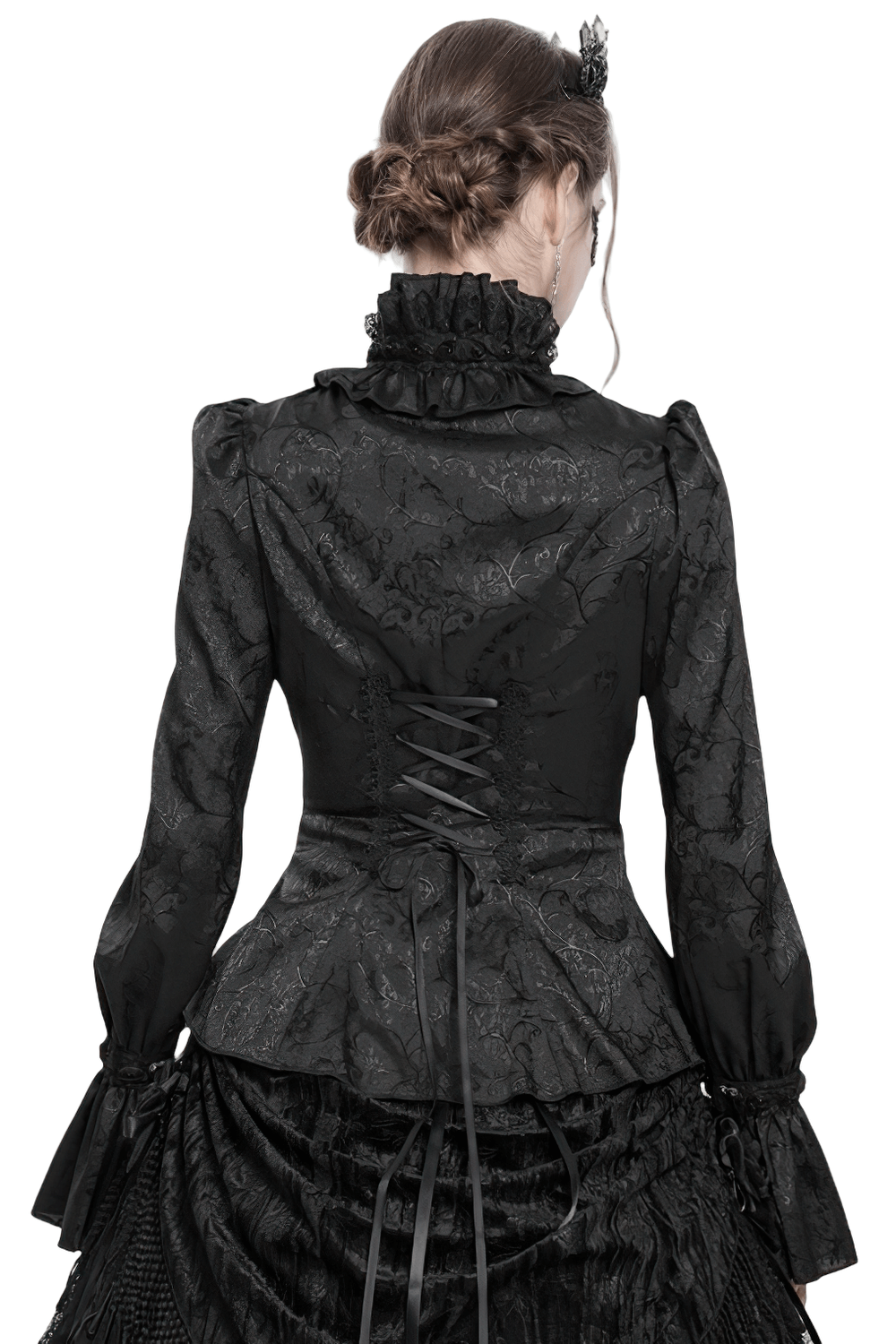 Back view of a Victorian-inspired gothic blouse with lace detailing and corset back, featuring ruffled high collar.