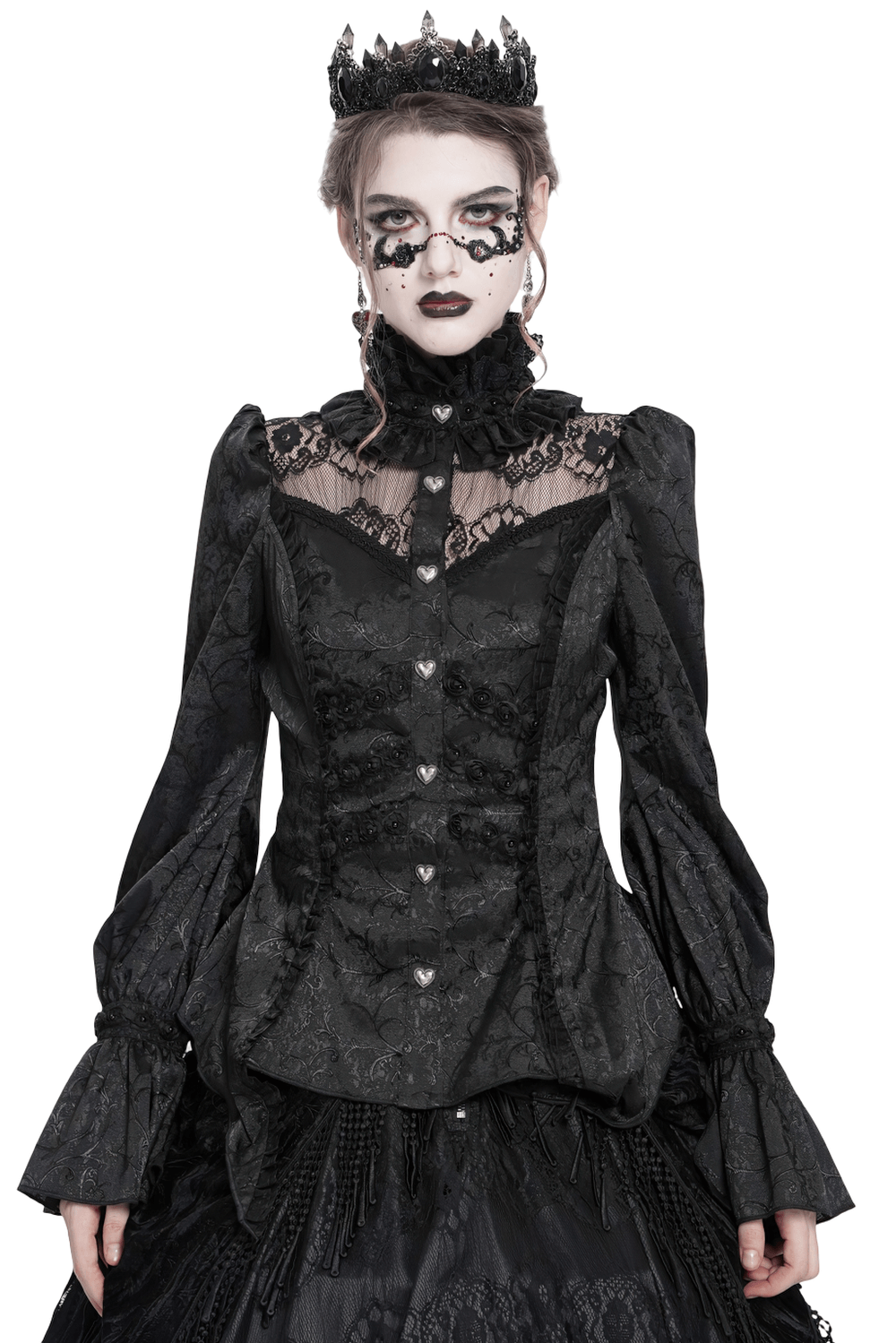 Gothic lace high neck blouse with heart buttons, ruffled neckline, and floral jacquard fabric, styled with dramatic puff sleeves.