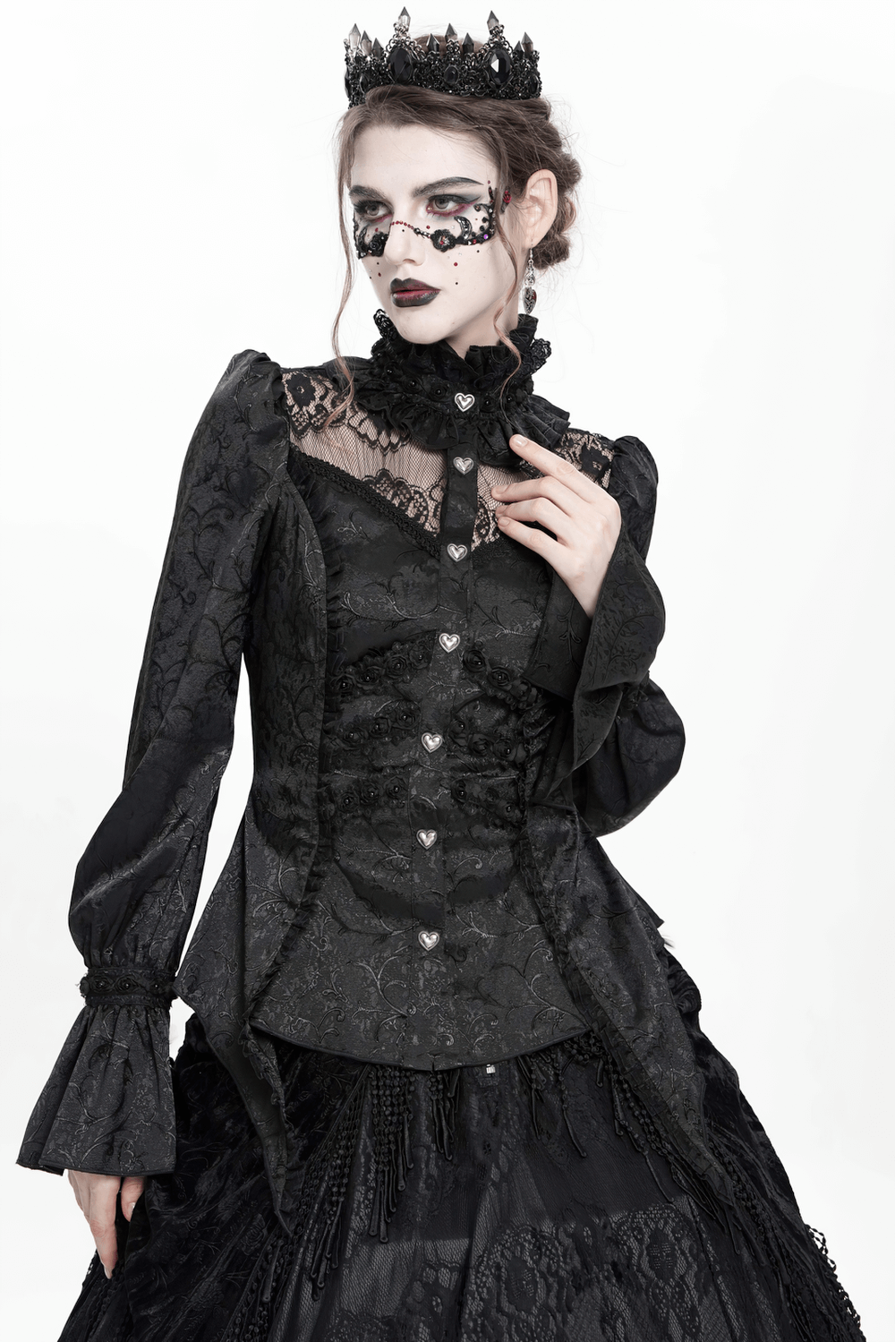 Gothic lace high neck blouse with heart buttons, dramatic puff sleeves, and corset back, perfect for dark elegance.
