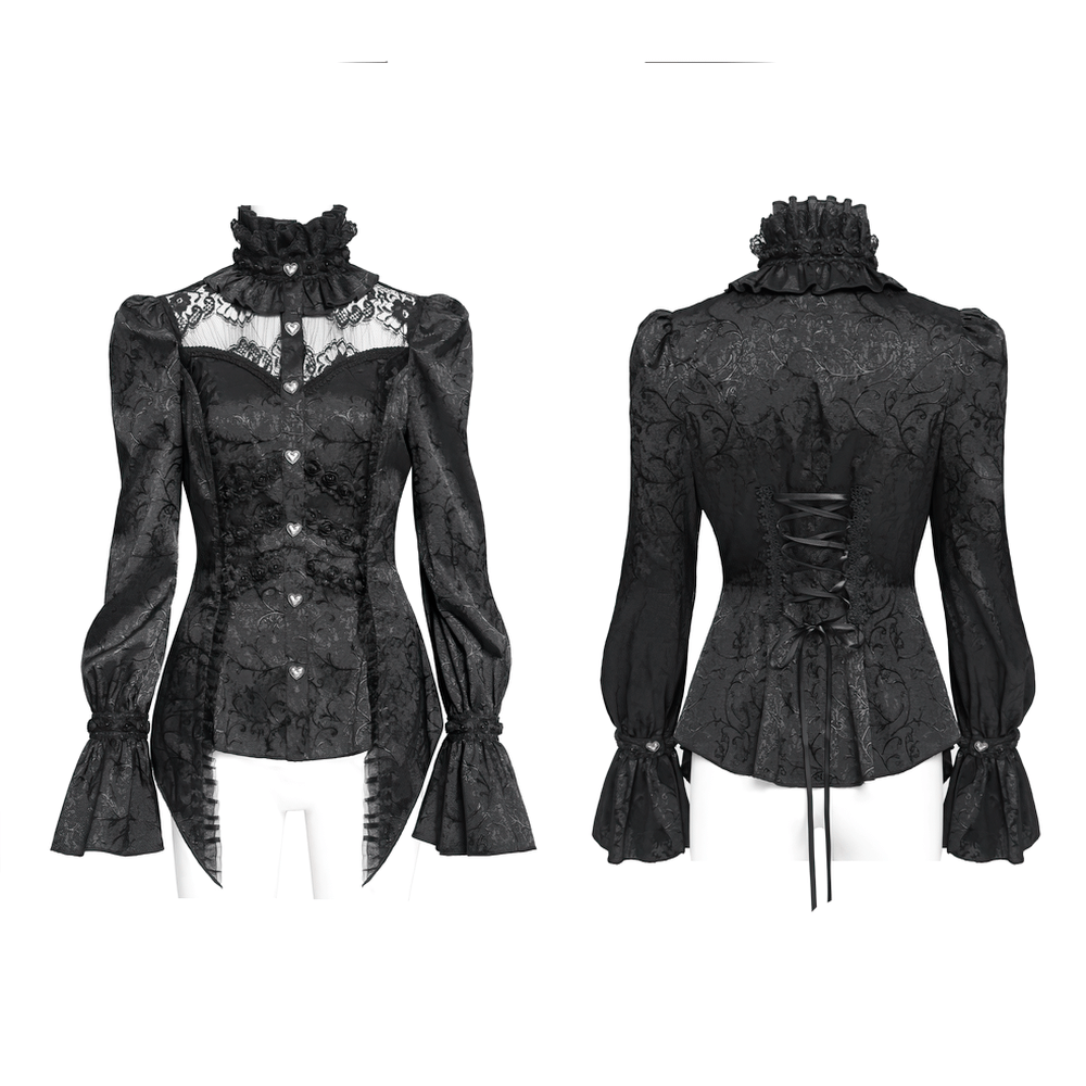 Gothic lace high neck blouse with heart buttons and corset back, featuring dramatic puff sleeves and intricate floral fabric.