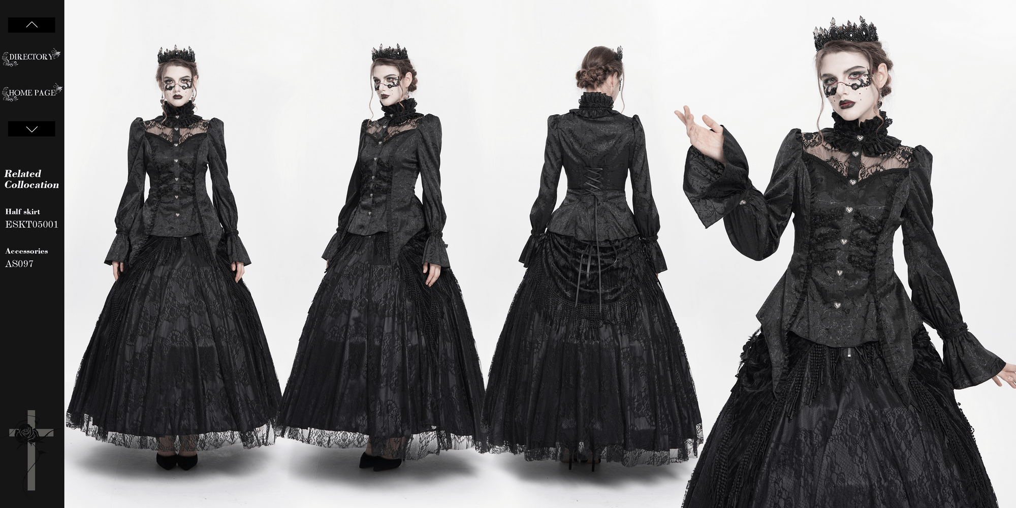 Gothic Victorian-style woman in elegant black lace blouse and layered skirt, showcasing dramatic flair and dark elegance.