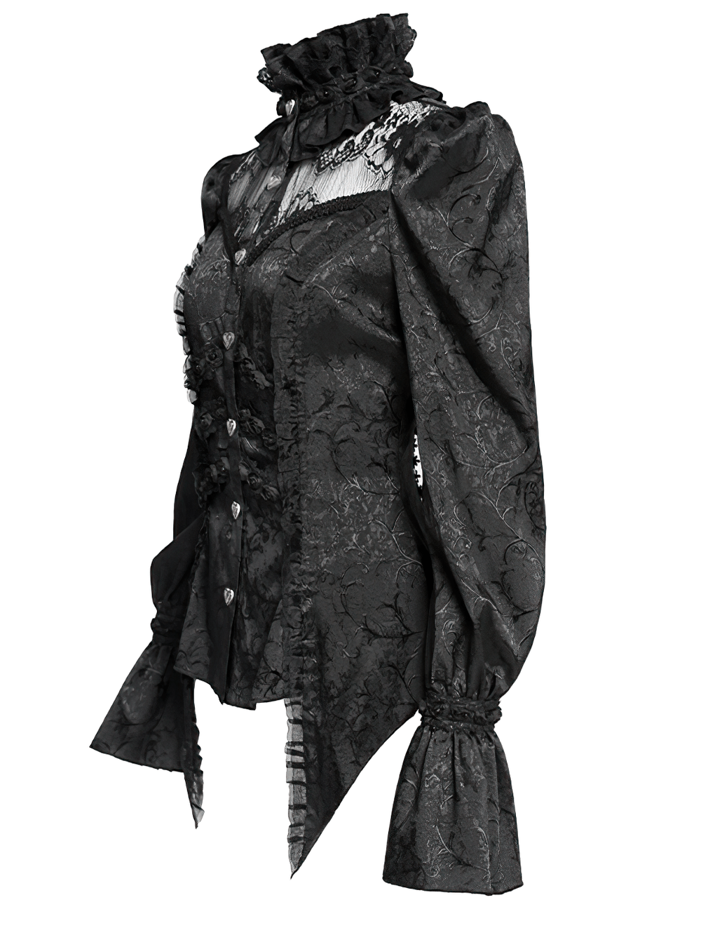 Gothic lace high neck blouse with heart buttons and dramatic puff sleeves, perfect for Victorian-inspired gothic fashion.