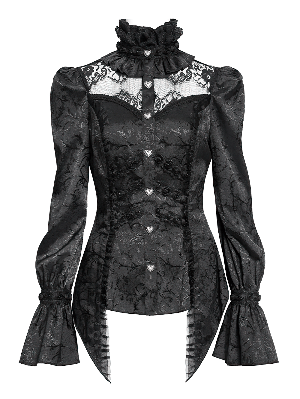 Gothic lace high neck blouse with heart buttons and ruffled neckline, perfect for Victorian-inspired fashion.