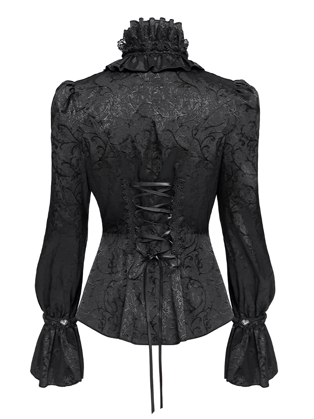 Back view of a gothic lace high neck blouse with corset detailing and dramatic puff sleeves.