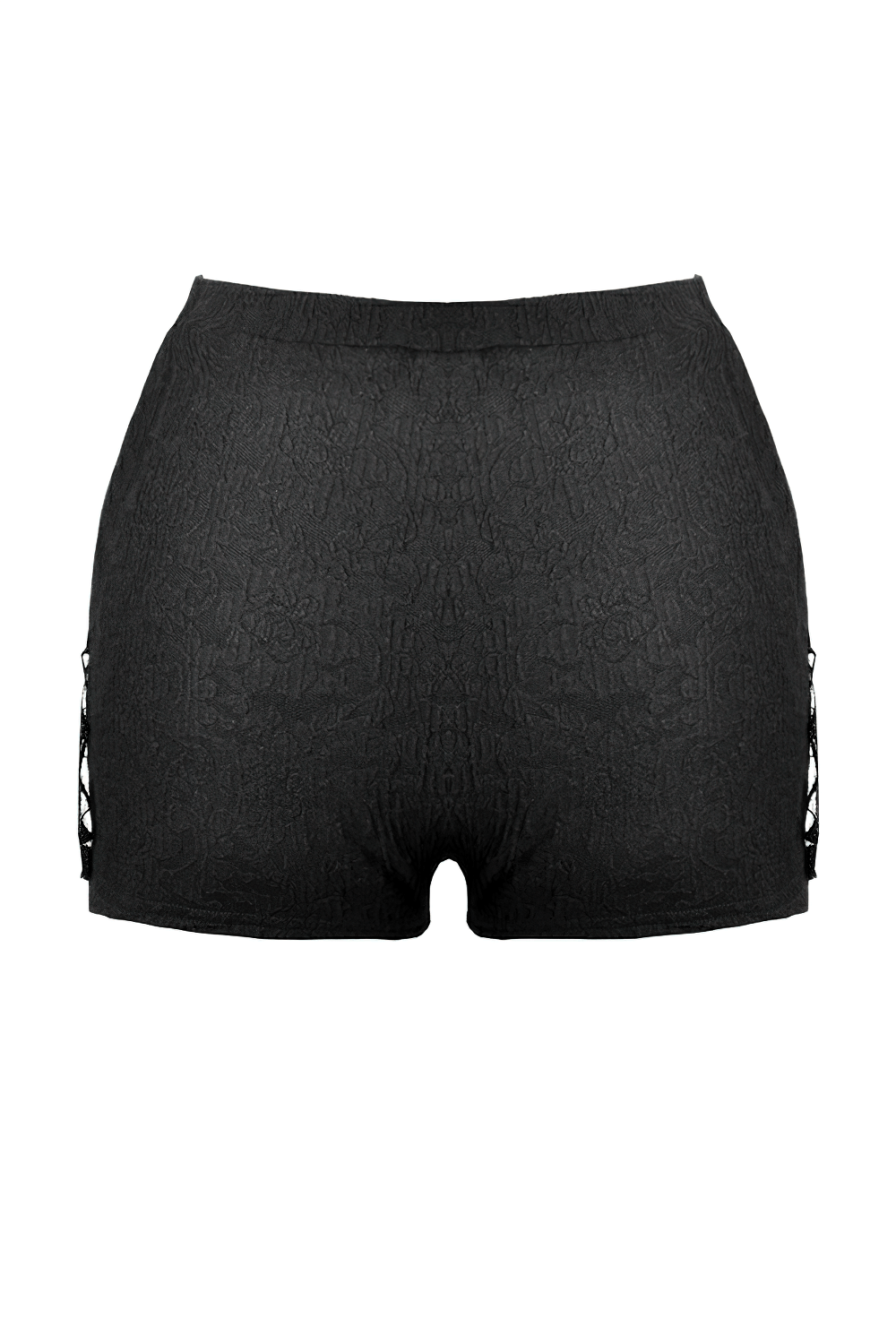 Gothic high-waist shorts with black floral lace embroidery and sheer mesh side panels, perfect for dark fashion lovers.
