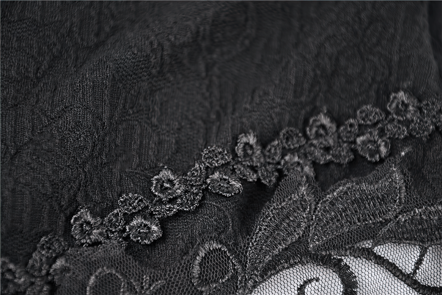 Close-up of gothic black fabric with floral lace trim and intricate patterns, perfect for dark fashion lovers.