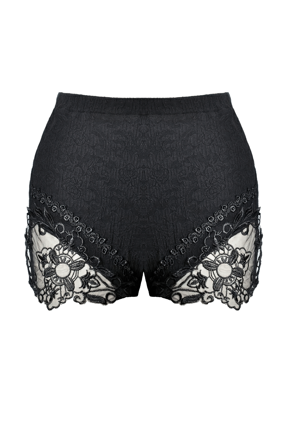 Gothic high-waist shorts in black with floral lace embroidery and mesh accents, perfect for dark fashion lovers.