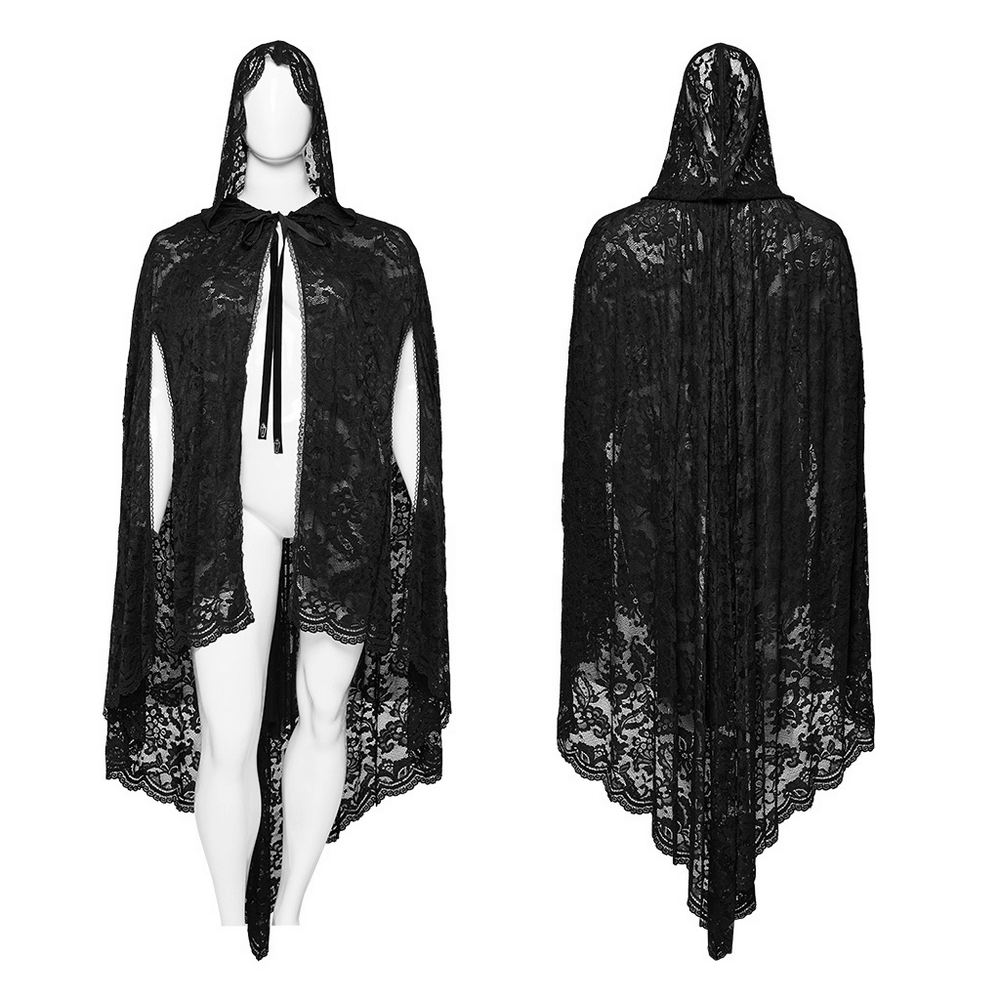 Elegant Gothic lace hooded cape with rose trim and velvet ties, perfect for dark fashion enthusiasts.