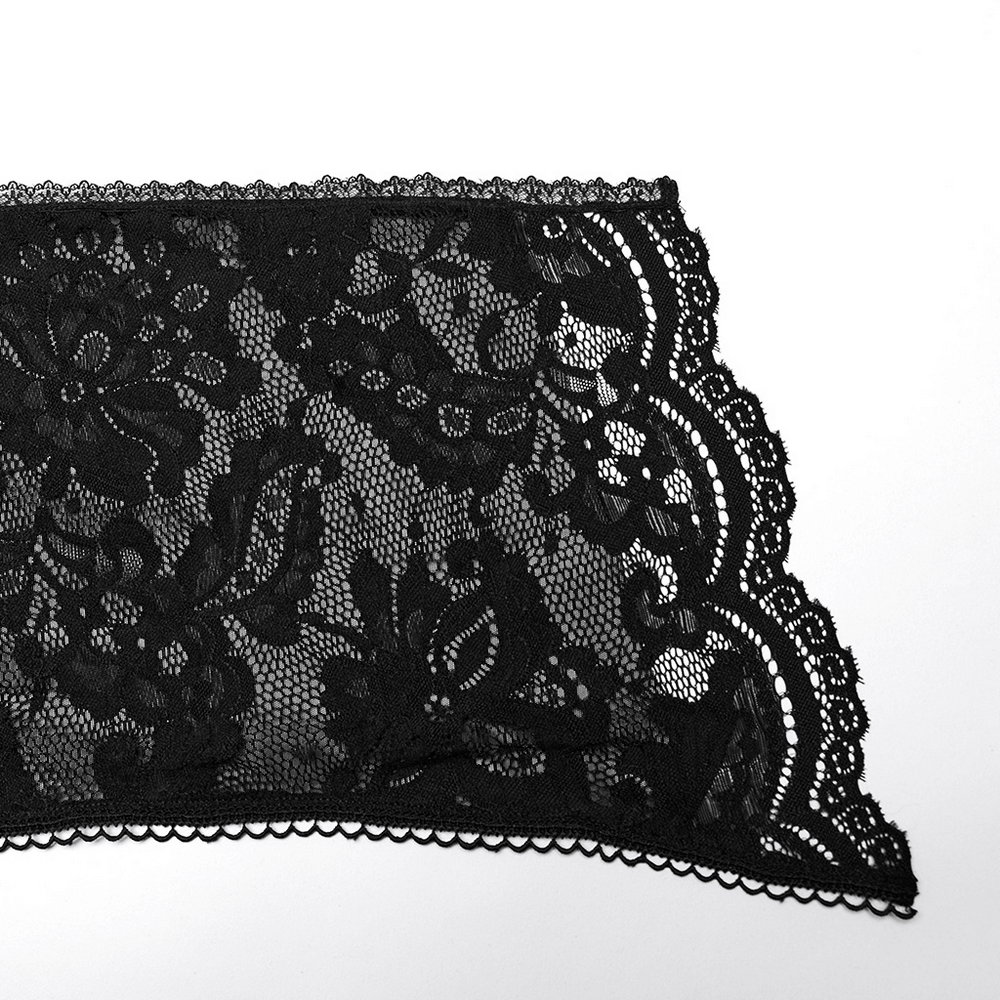 Elegant black lace fabric featuring intricate floral patterns, perfect for Gothic fashion and accessories.