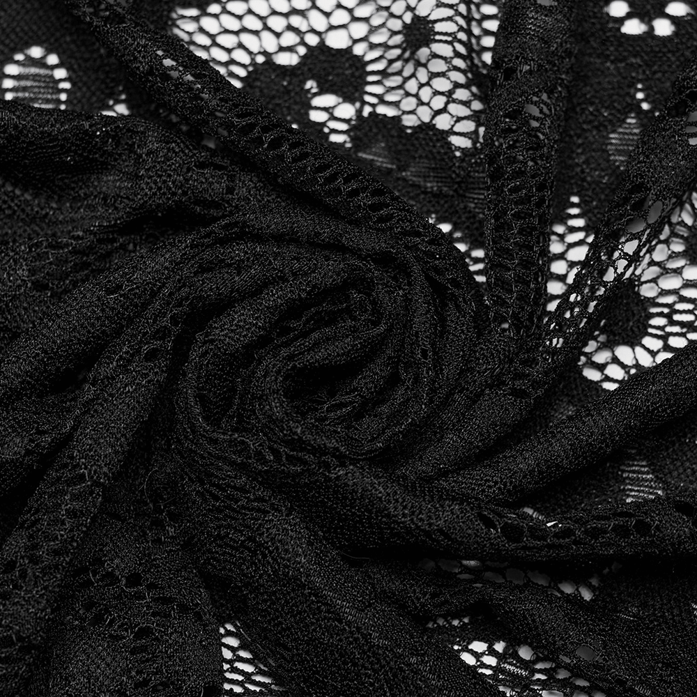 Elegant black lace fabric showcasing intricate patterns, perfect for gothic clothing or accessories.