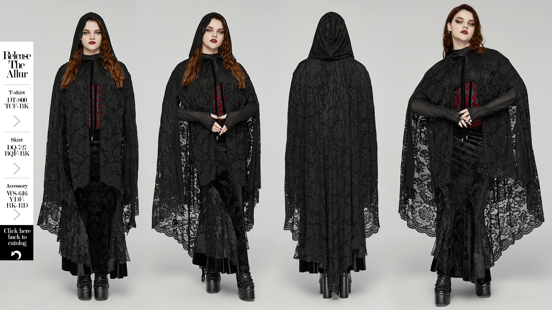 Gothic Lace Hooded Cape with Rose Trim and Velvet Ties