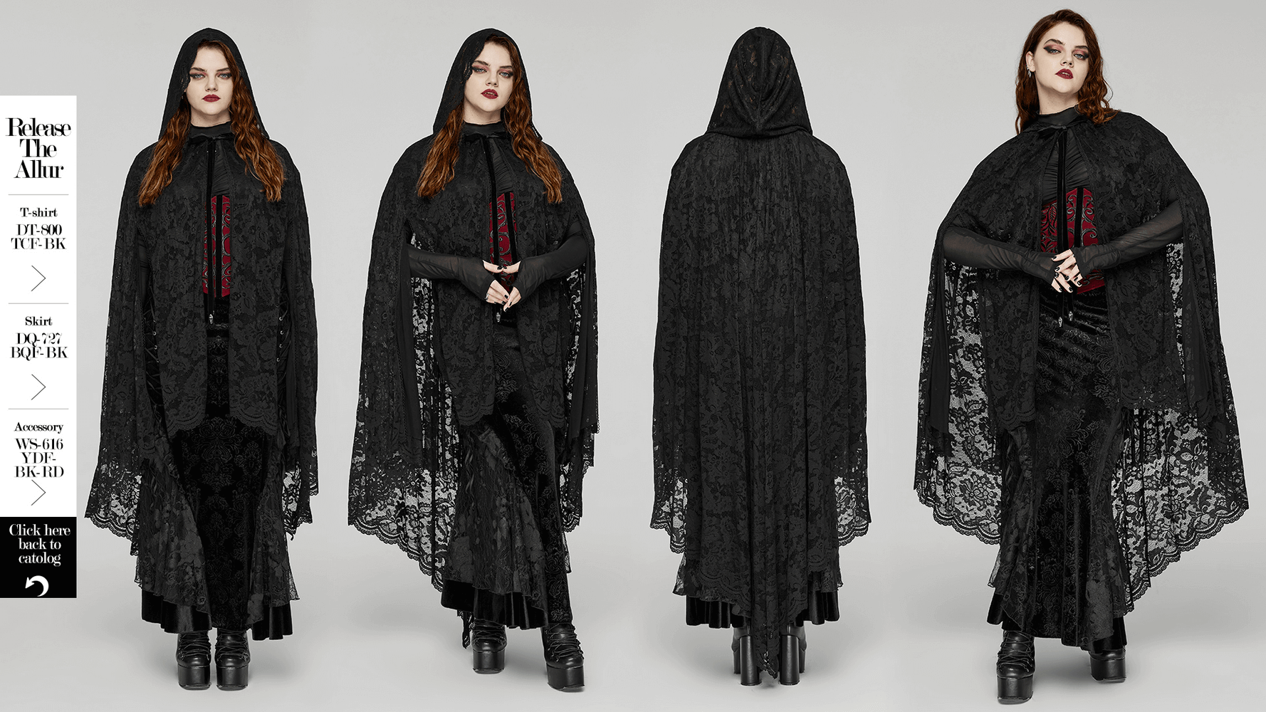 Gothic lace hooded cape with rose trim, showcasing elegant black fabric and velvet ties, perfect for dark fashion.