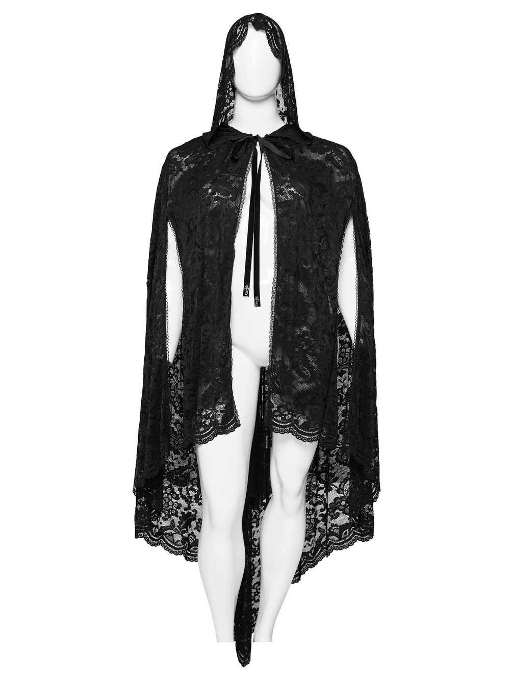 Gothic lace hooded cape with rose trim, elegant black design for dark fashion enthusiasts, featuring velvet ties.