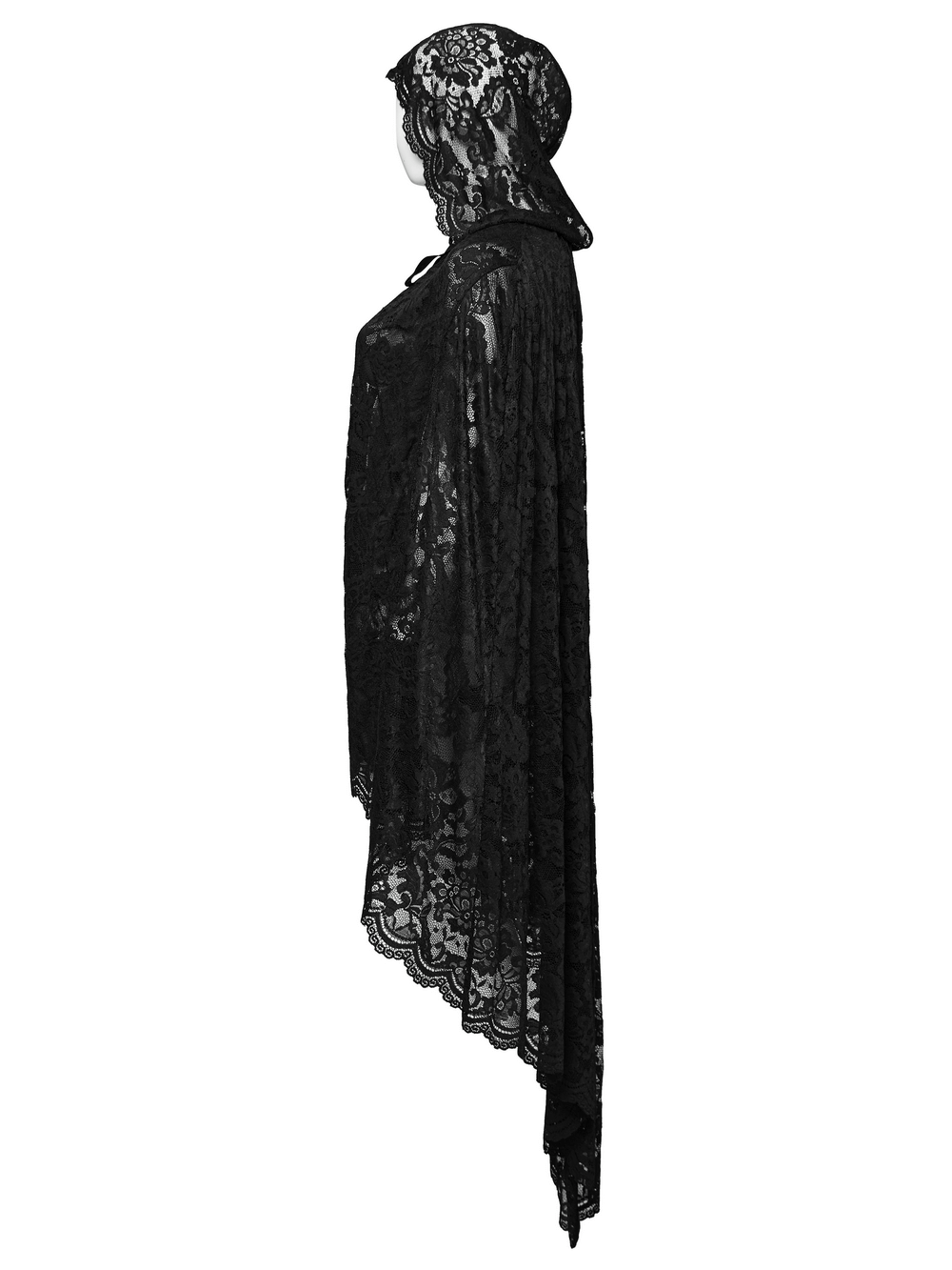 Elegant black lace hooded cape with rose trim and velvet ties, perfect for Gothic and dark fashion styles.