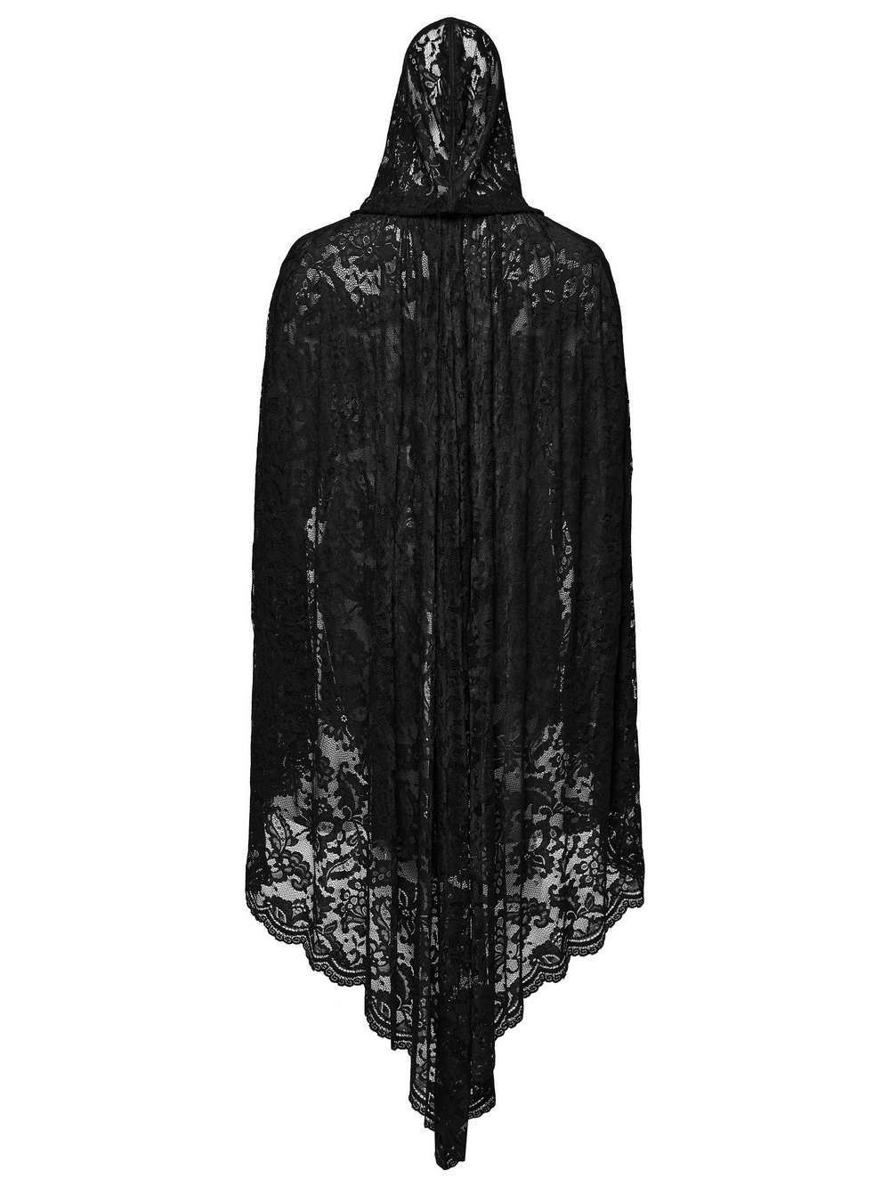 Elegant black lace hooded cape showcasing intricate lace design and dramatic flair for gothic fashion.