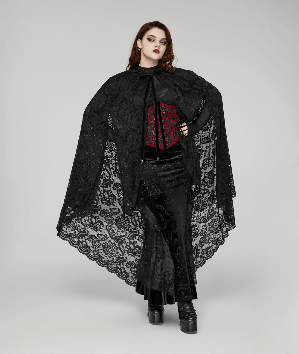 Gothic lace hooded cape in black with rose trim and velvet ties, perfect for dark fashion styles.