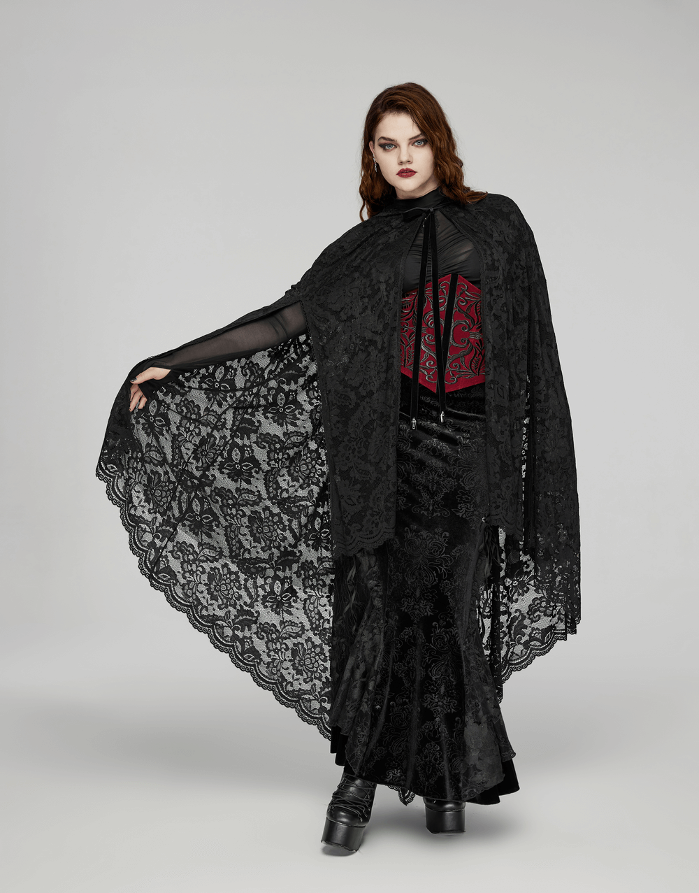 Gothic lace hooded cape with rose trim, elegant black design, perfect for dark fashion looks.