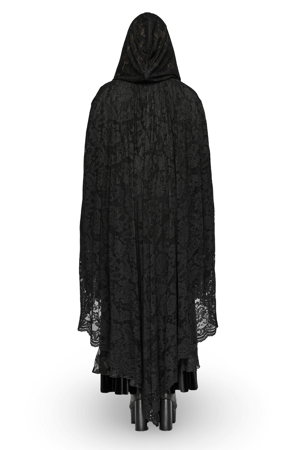 Elegant Gothic lace hooded cape with rose trim, showcasing intricate black lace design and velvet ties from the back.
