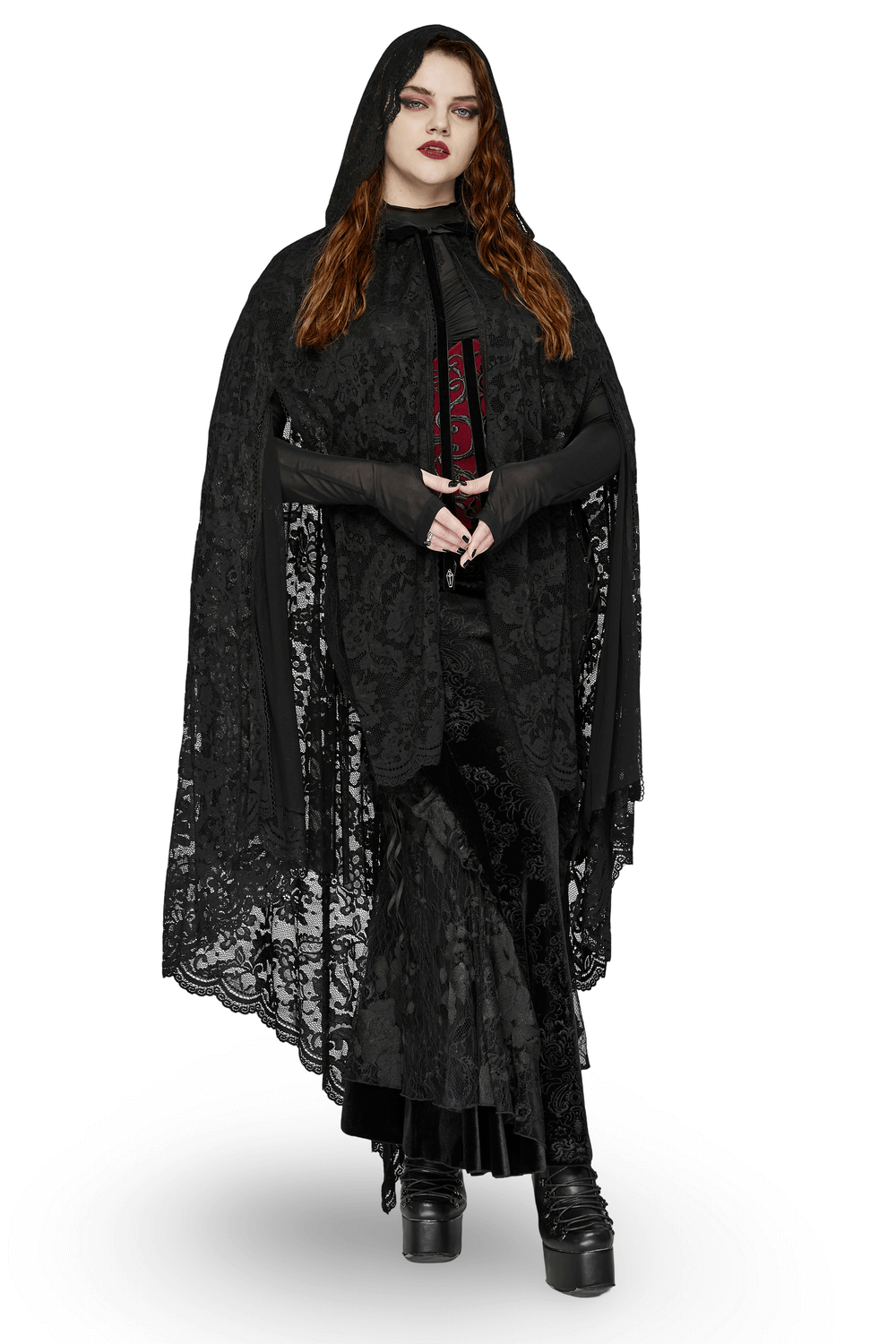 Gothic lace hooded cape with rose trim, perfect for dark fashion enthusiasts.