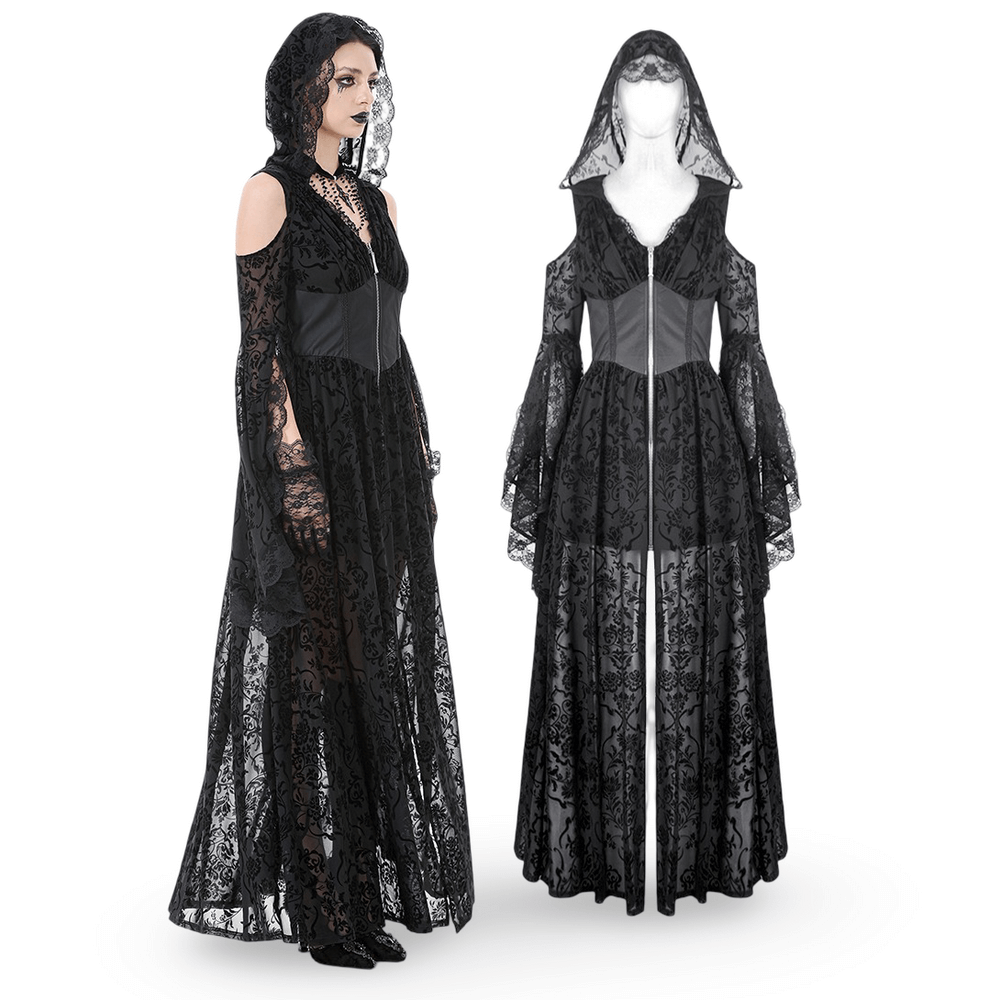 Gothic Lace Hooded Cold Shoulder Maxi Dress With Zip Closure displayed on a mannequin and model, highlighting its intricate lace design.