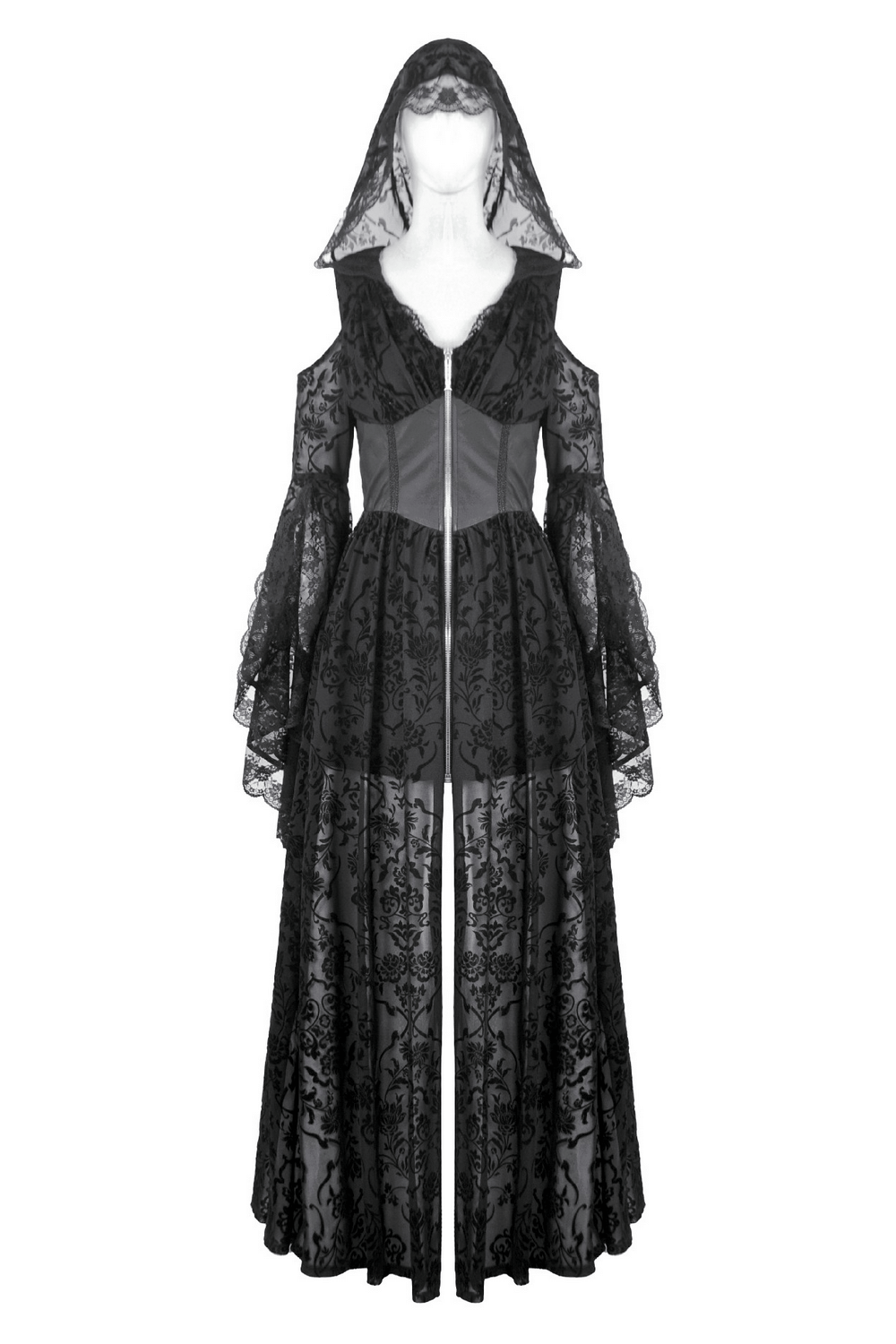 Gothic Lace Hooded Cold Shoulder Maxi Dress With Zip Closure, featuring sheer floral lace and dramatic bell sleeves.