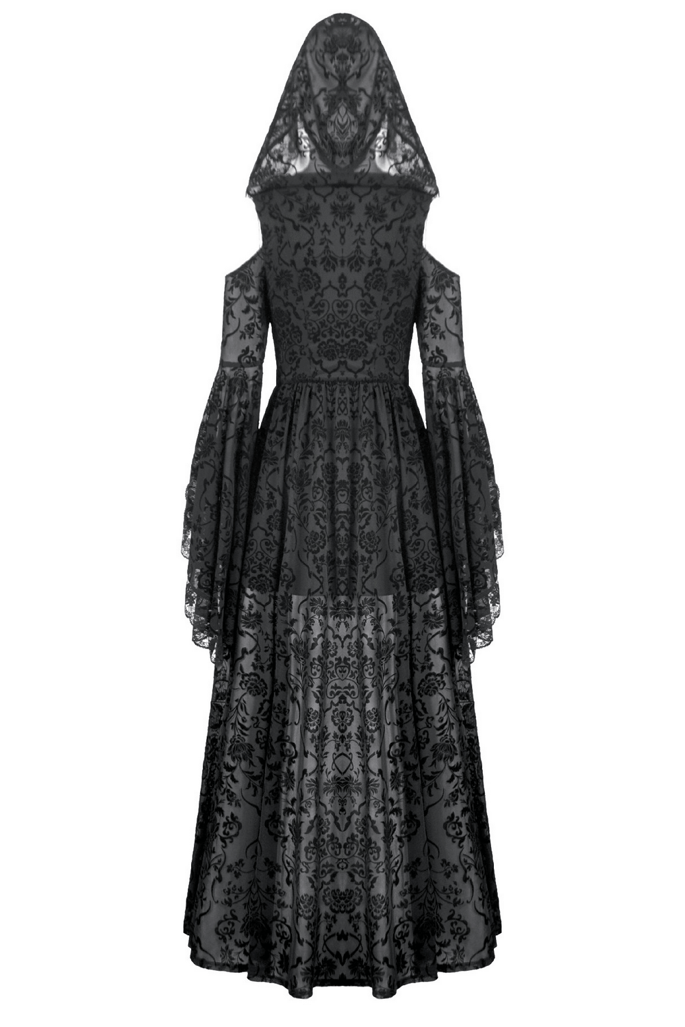 Gothic Lace Hooded Cold Shoulder Maxi Dress With Zip Closure showcasing floral lace and flowing bell sleeves.