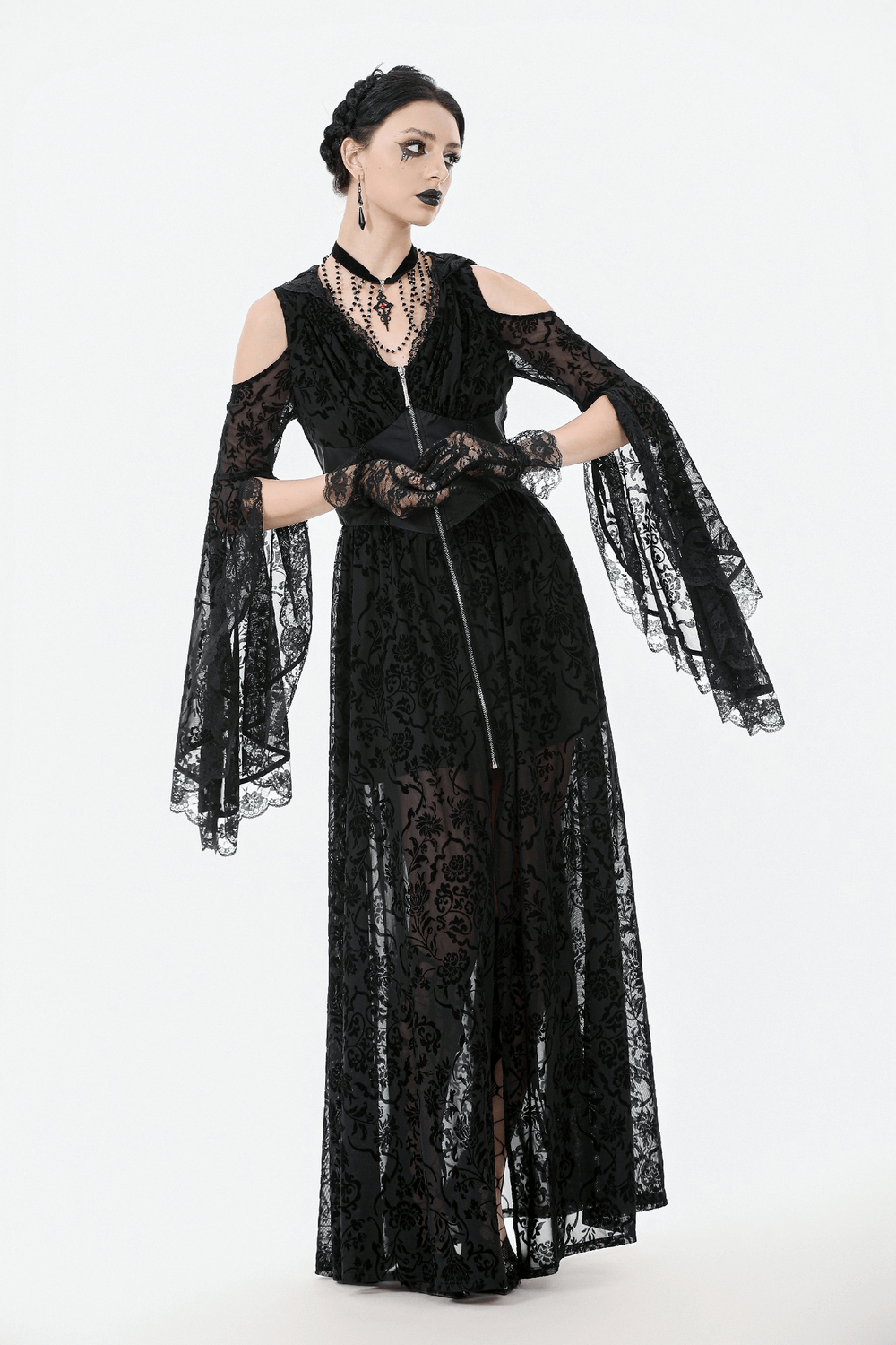 Gothic Lace Hooded Cold Shoulder Maxi Dress With Zip Closure featuring sheer lace, bell sleeves, and a dramatic silhouette.