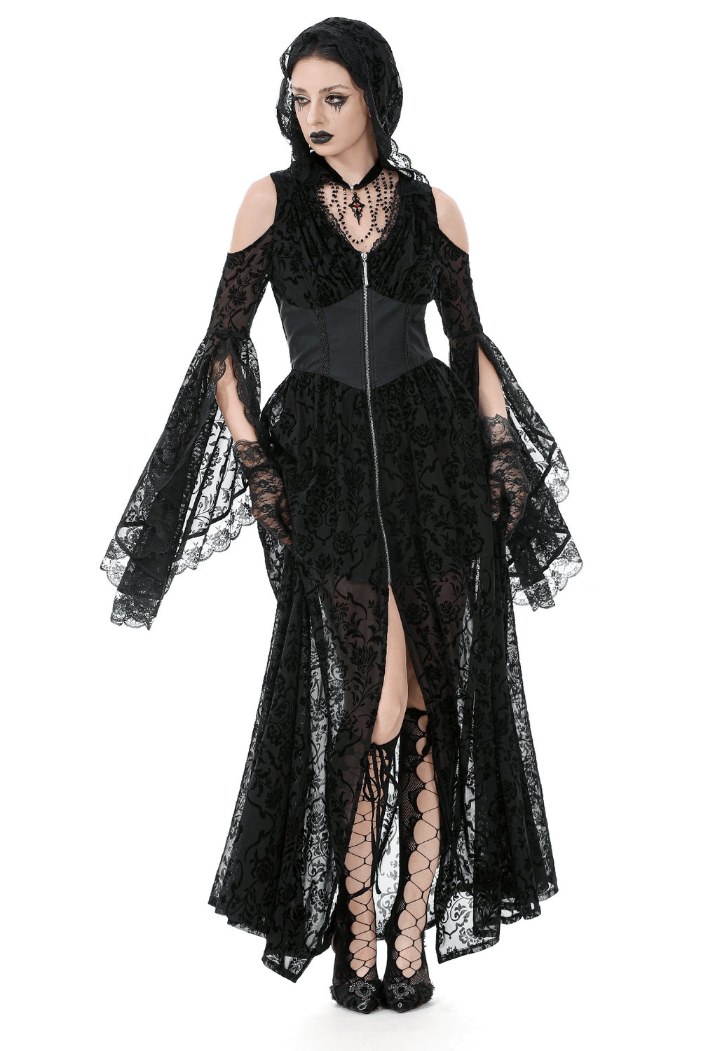 Gothic Lace Hooded Cold Shoulder Maxi Dress With Zip Closure featuring sheer floral mesh and bell sleeves.