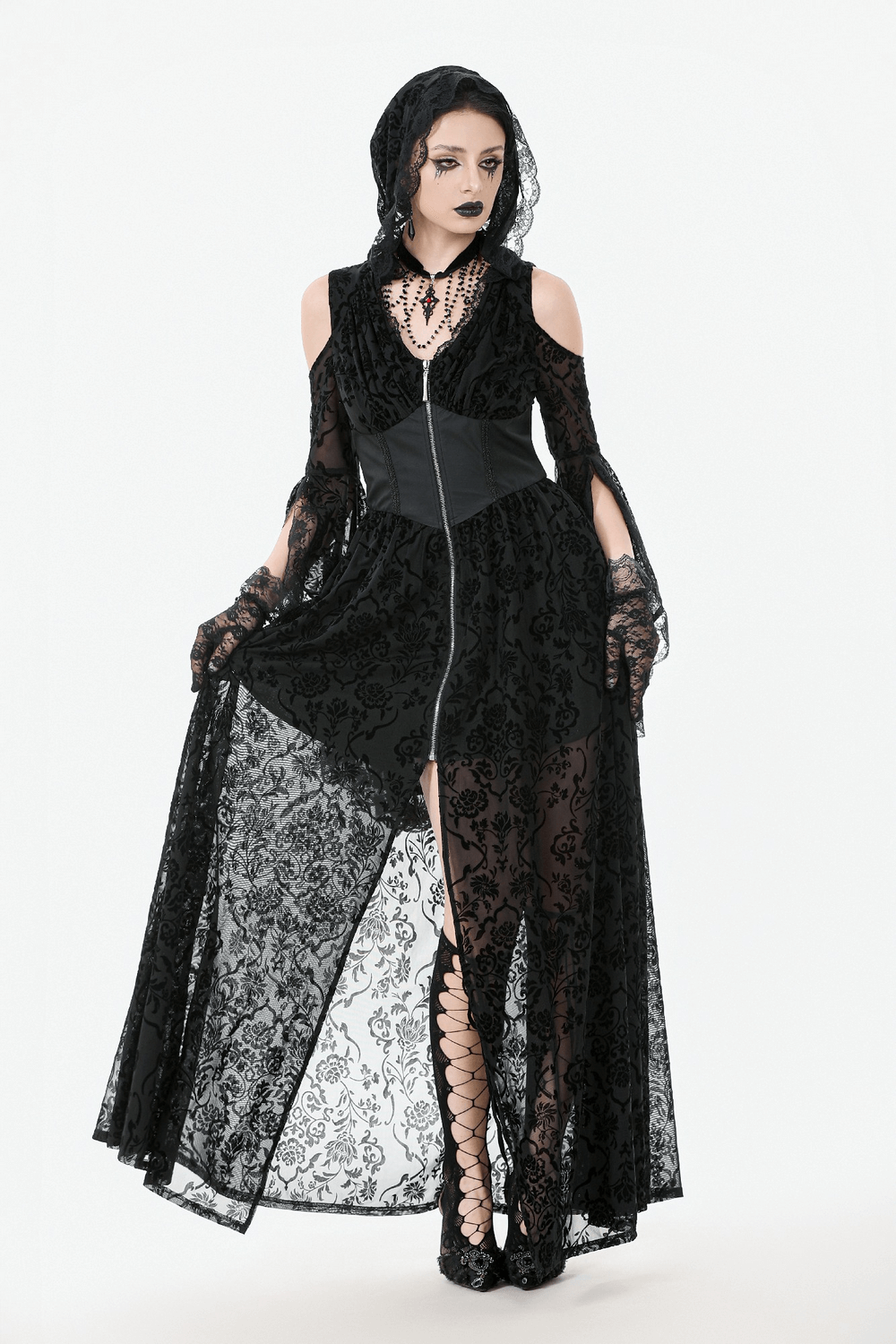 Gothic Lace Hooded Cold Shoulder Maxi Dress With Zip Closure featuring bell sleeves and lace design.