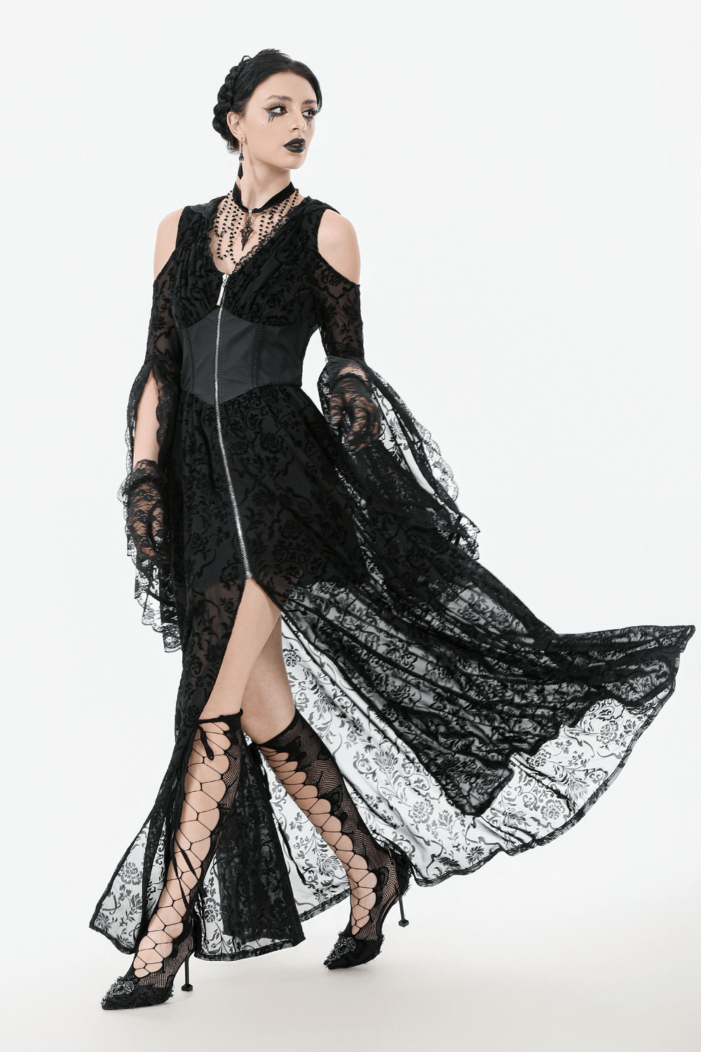 Gothic Lace Hooded Cold Shoulder Maxi Dress With Zip Closure worn by model with lace gloves and heels.