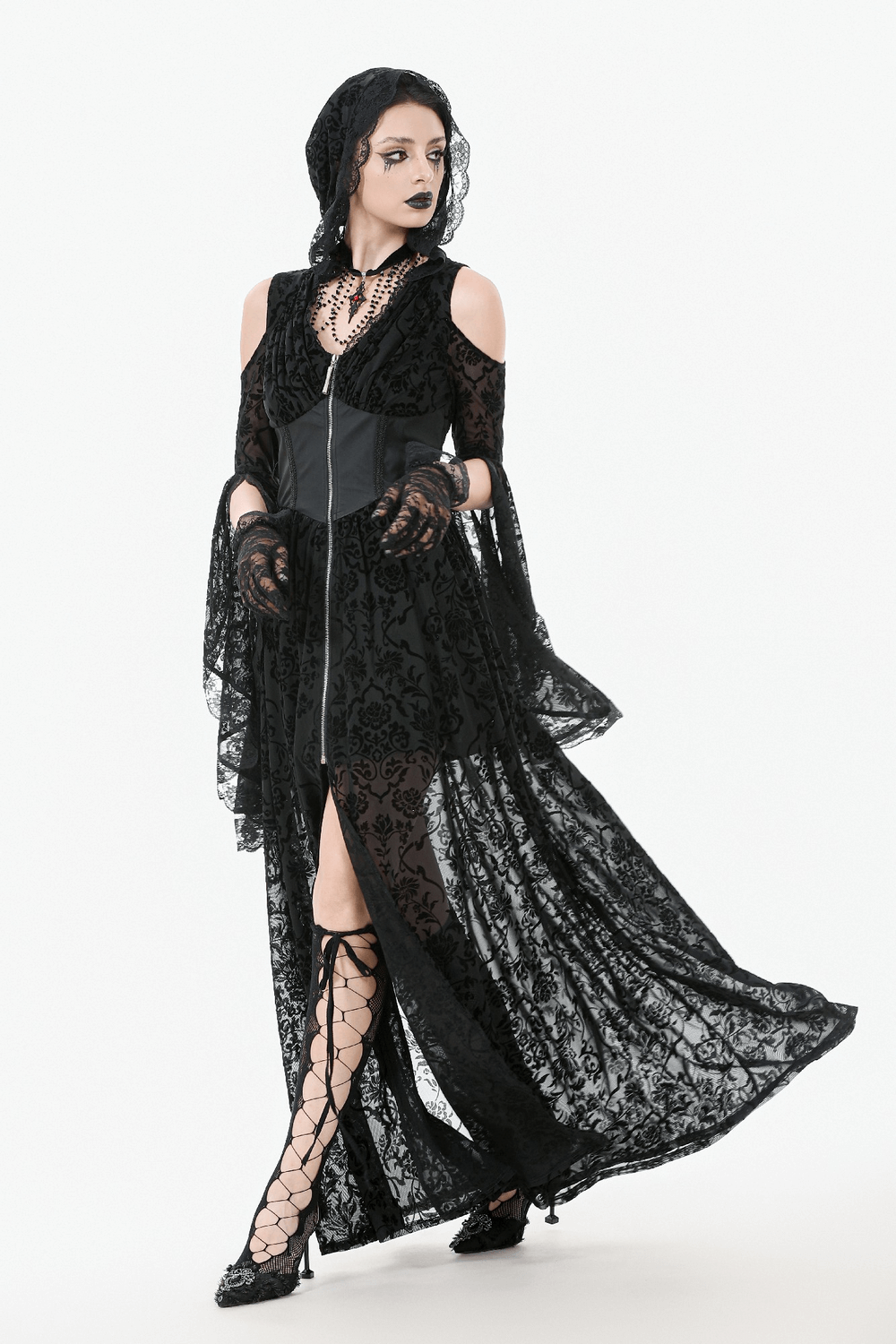 Gothic Lace Hooded Cold Shoulder Maxi Dress With Zip Closure, featuring dramatic lace, bell sleeves, and a zip front.