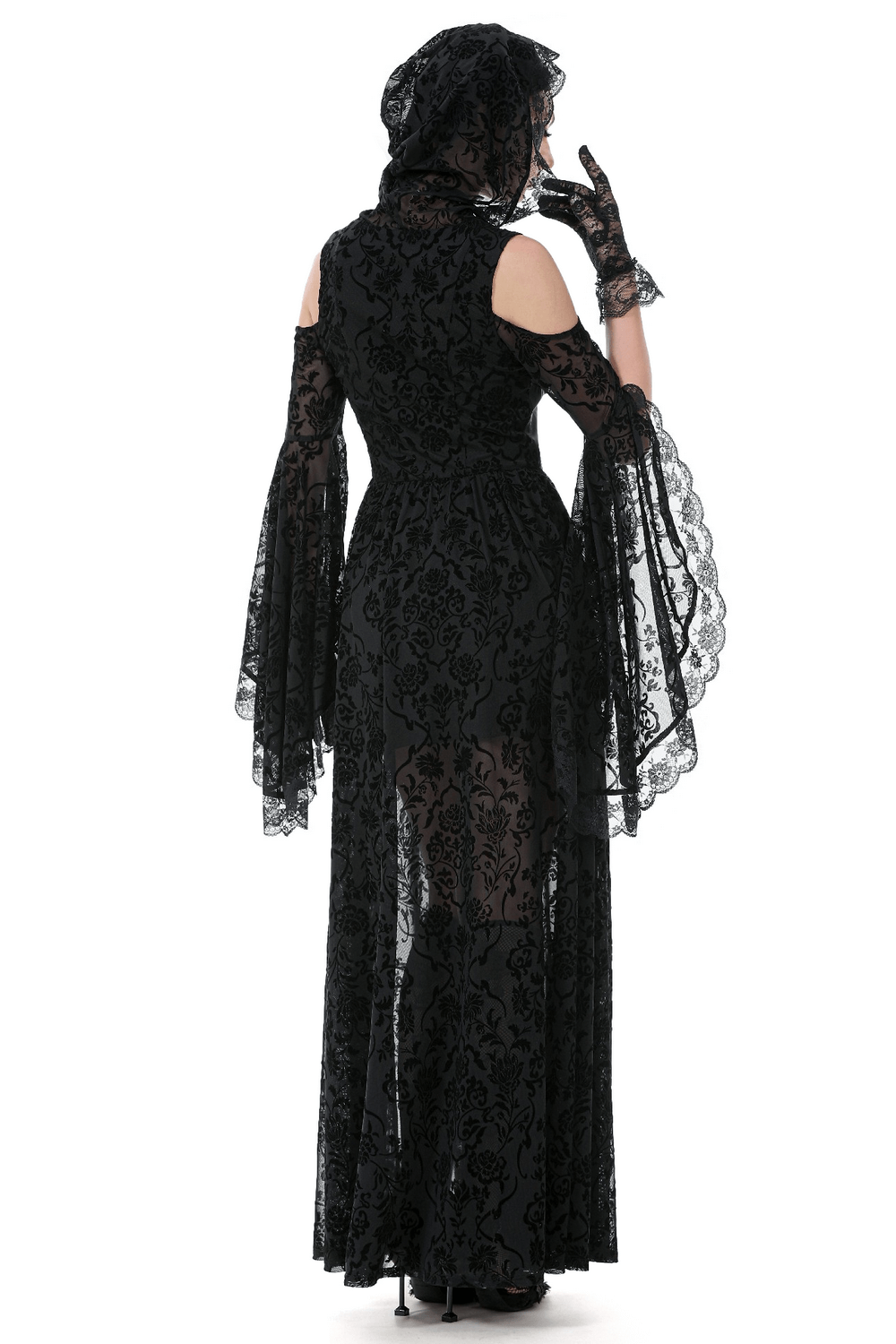 Gothic Lace Hooded Cold Shoulder Maxi Dress With Zip Closure showcasing intricate lace and dramatic bell sleeves.