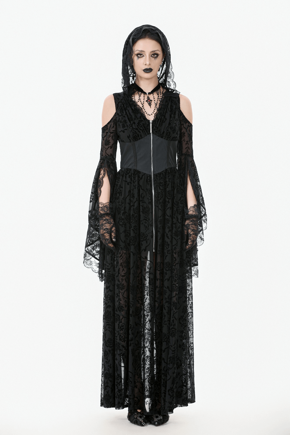 Gothic Lace Hooded Cold Shoulder Maxi Dress With Zip Closure, showcasing dark lace and flowing bell sleeves.