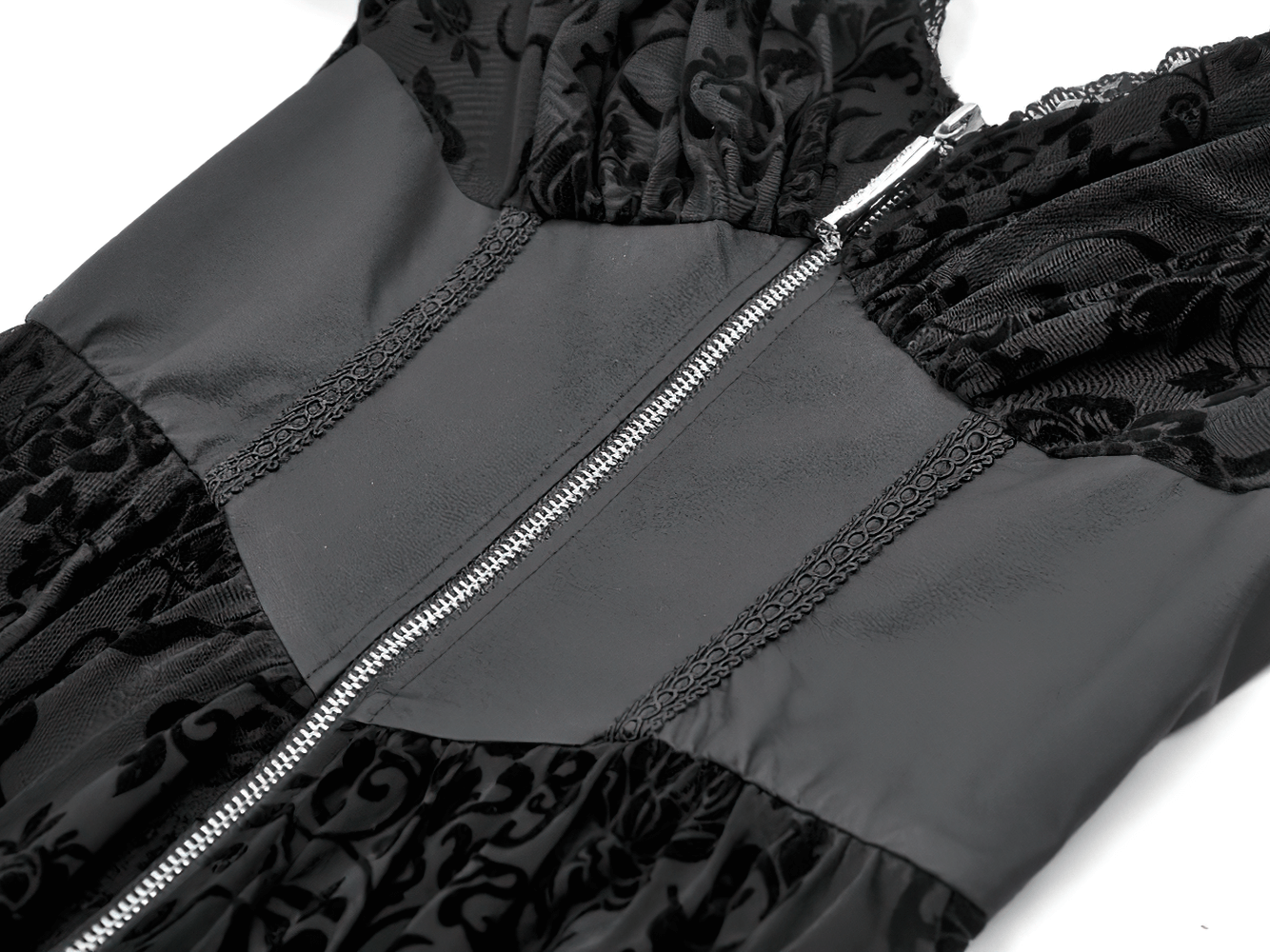 Gothic Lace Hooded Cold Shoulder Maxi Dress With Zip Closure showcasing intricate black lace and zip front detail.