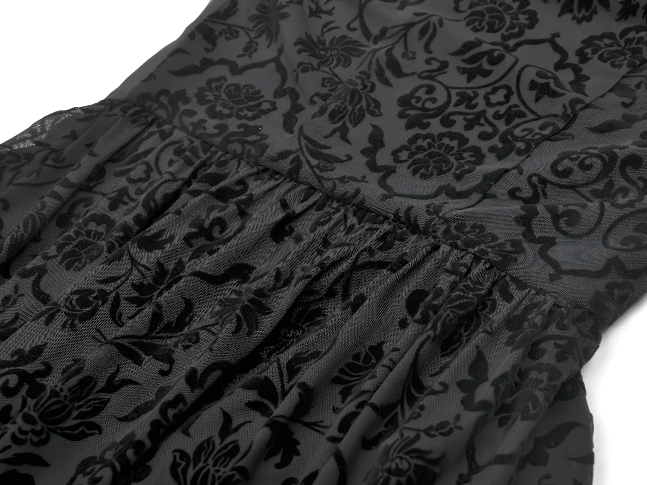 Gothic Lace Hooded Cold Shoulder Maxi Dress With Zip Closure showing intricate floral lace detailing and flowing skirt.