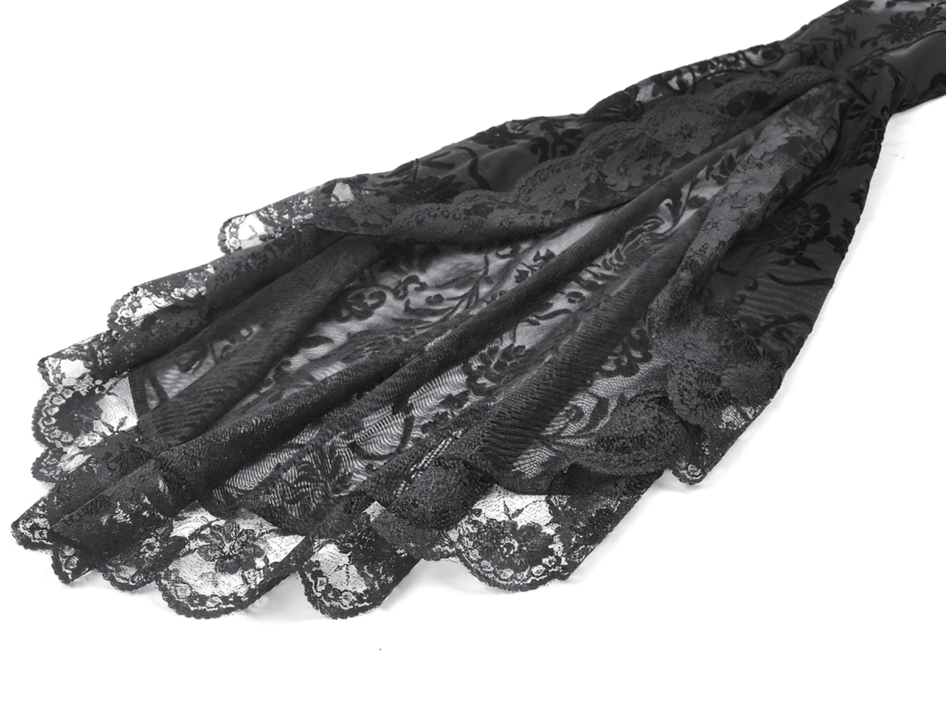 Gothic Lace Hooded Cold Shoulder Maxi Dress With Zip Closure detailed view of intricate black lace fabric.