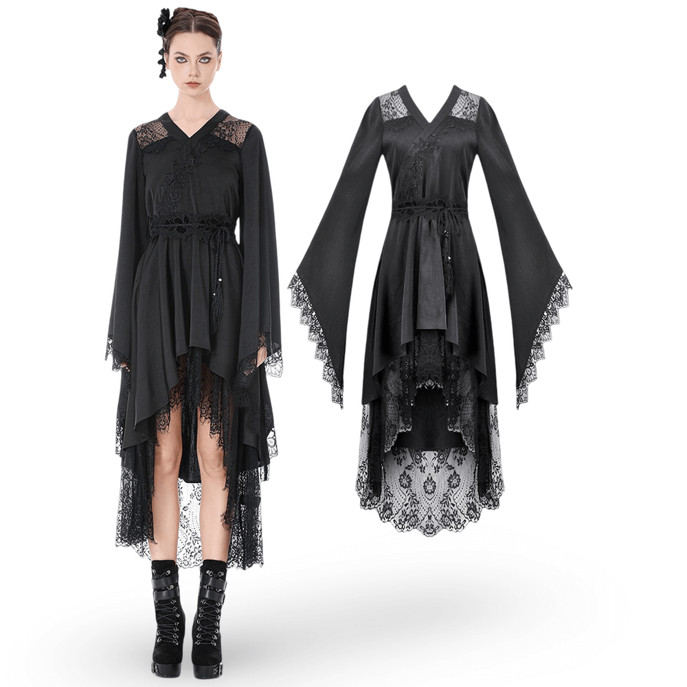 Gothic Lace Kimono Sleeved High Low Midi Dress featuring dramatic bell sleeves and lace details.