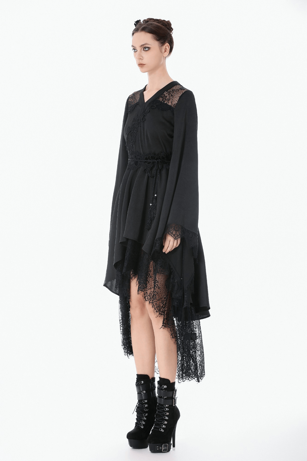 Gothic Lace Kimono Sleeved High Low Midi Dress featuring dramatic bell sleeves and lace hem details.
