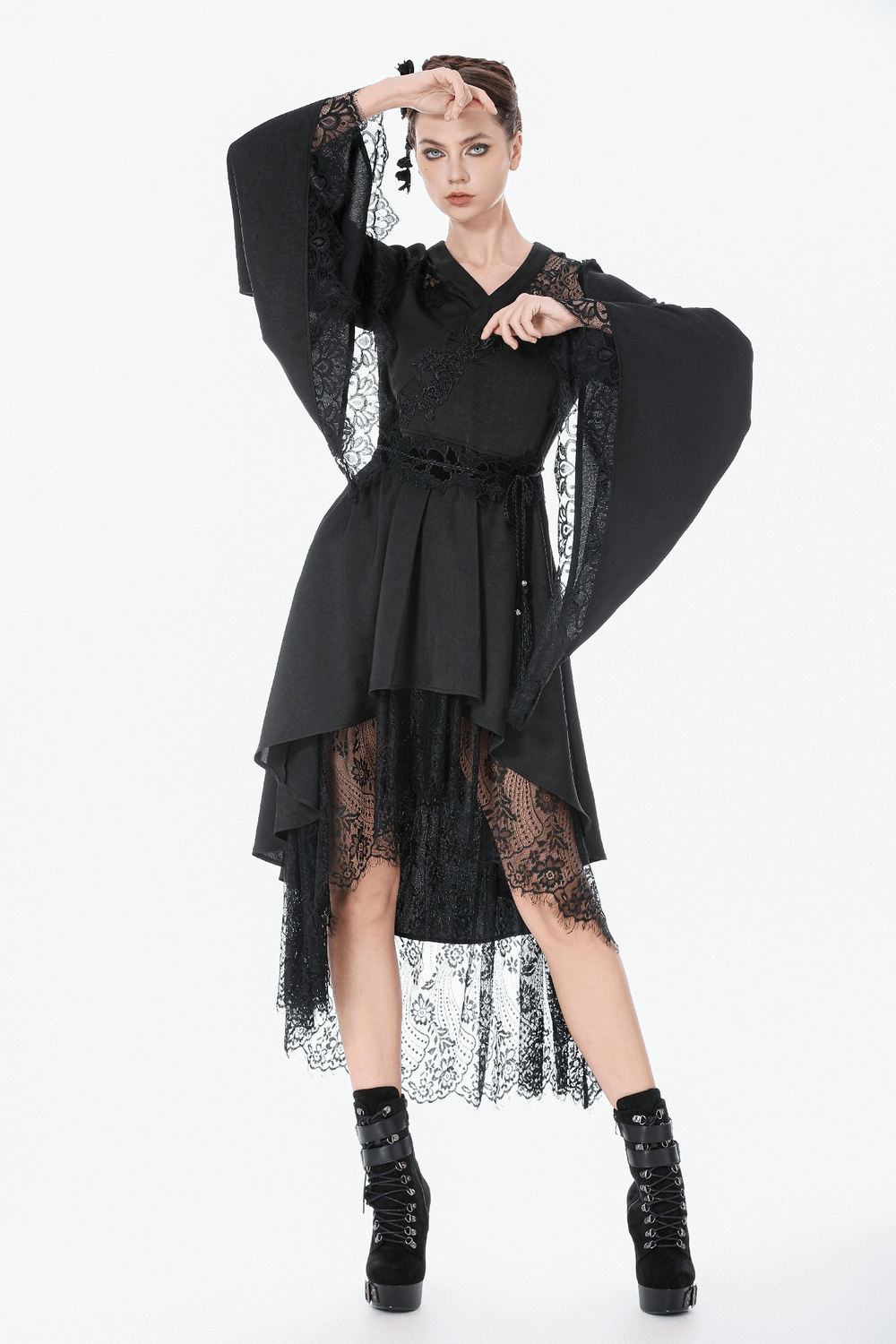 Gothic Lace Kimono Sleeved High Low Midi Dress with bell sleeves and sheer lace hem, perfect for dark romantic evenings.