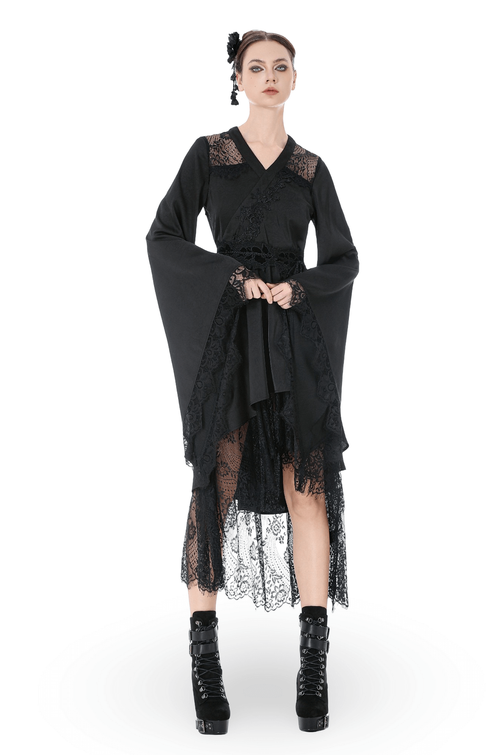 Gothic Lace Kimono Sleeved High Low Midi Dress with bell sleeves and lace details, perfect for dark romantic occasions.