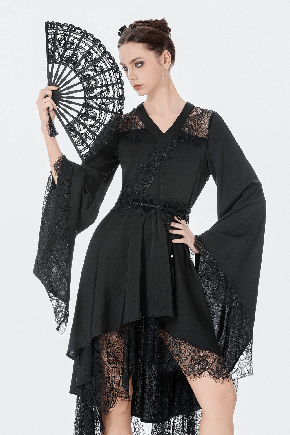 Gothic Lace Kimono Sleeved High Low Midi Dress with dramatic sleeves and lace, perfect for a romantic night out.