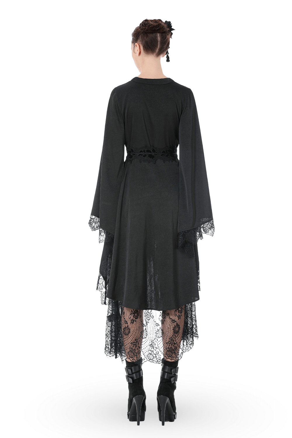 Gothic Lace Kimono Sleeved High Low Midi Dress showcased from the back, featuring dramatic bell sleeves and lace details.