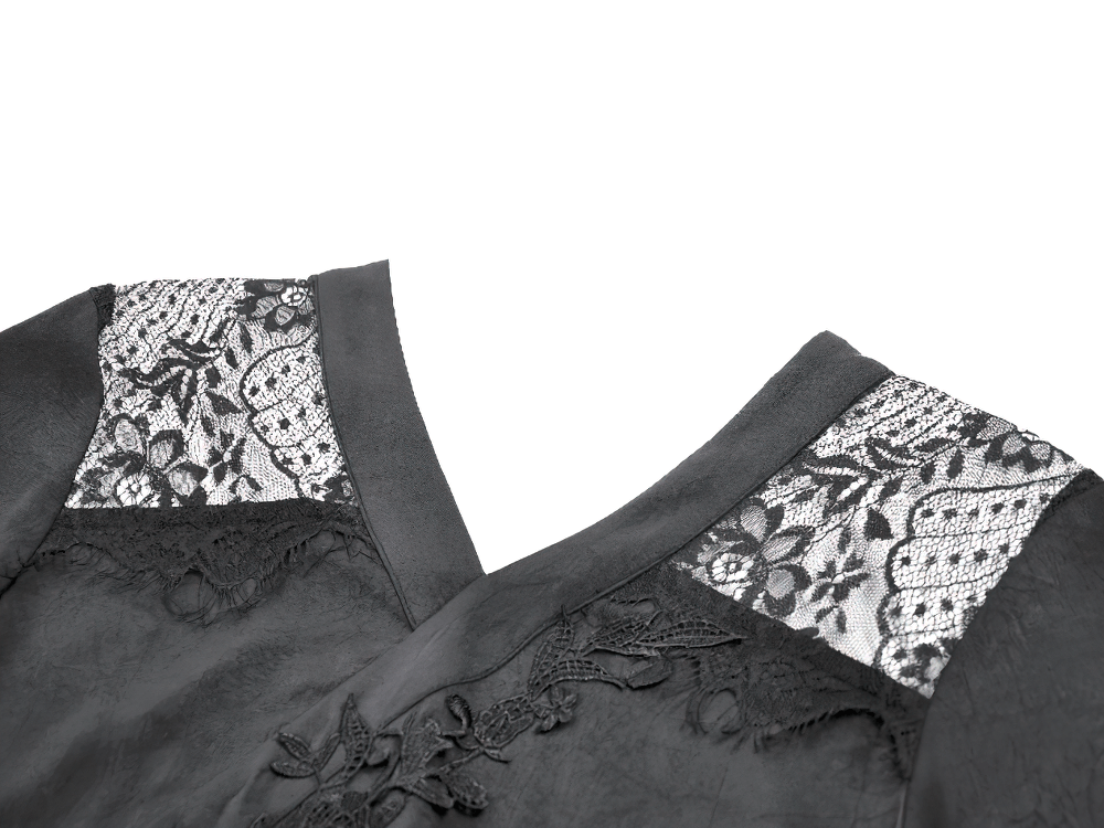 Gothic Lace Kimono Sleeved High Low Midi Dress featuring intricate lace shoulder panels and a dramatic V-neck.