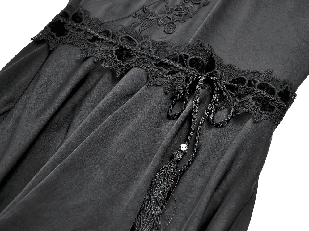 Gothic Lace Kimono Sleeved High Low Midi Dress with detailed lace waist tie and elegant black fabric.