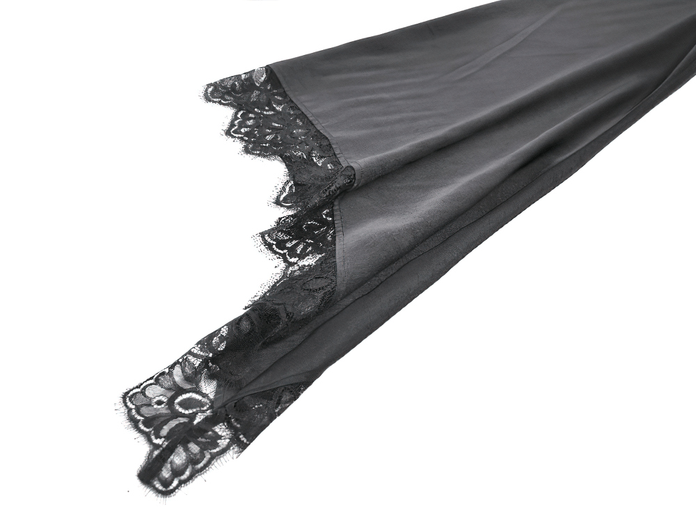 Gothic Lace Kimono Sleeved High Low Midi Dress lace detail with delicate floral trim on black fabric.